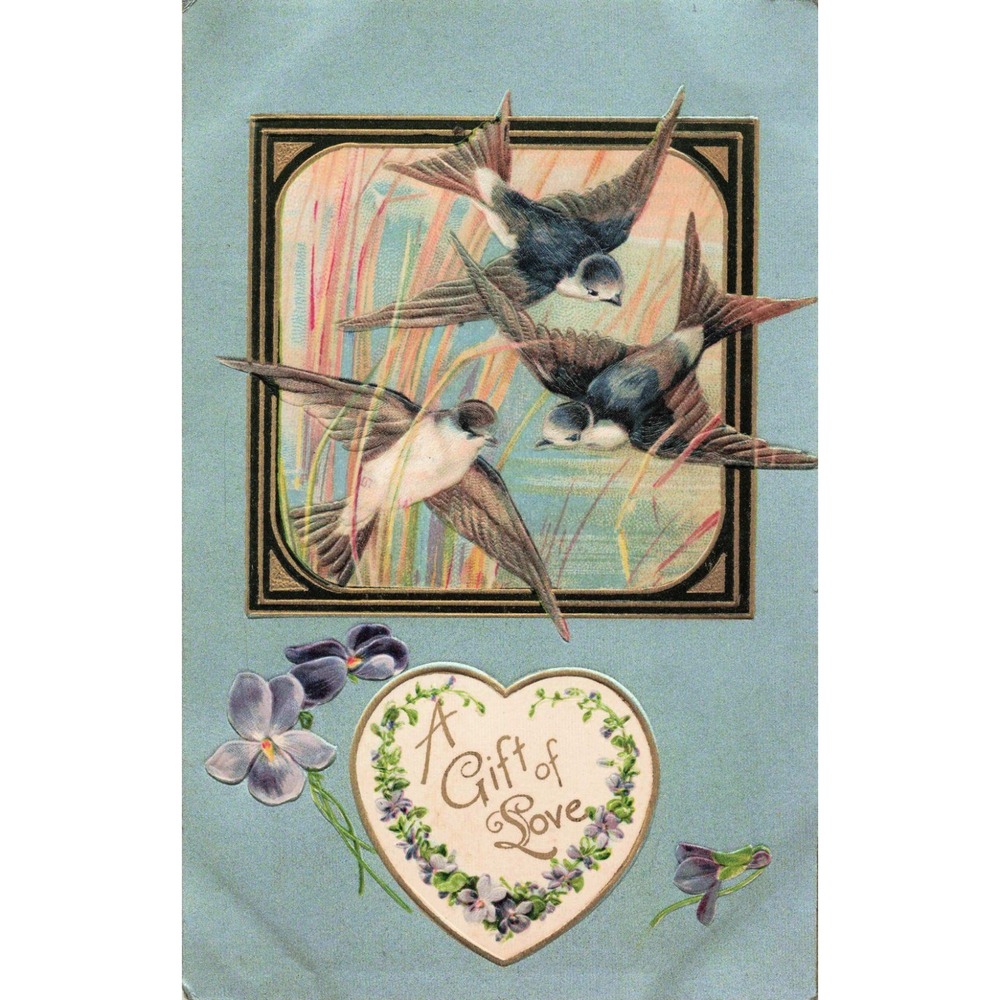 Antique Embossed Postcard A Gift of Love Swallows Violets Printed in Germany VG - Picture 1 of 2